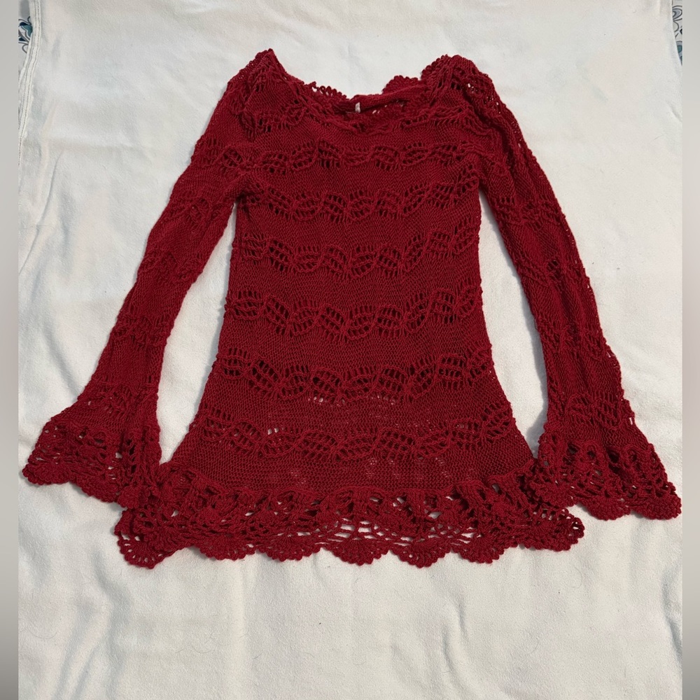 Red Crochet Bell Sleeve Top